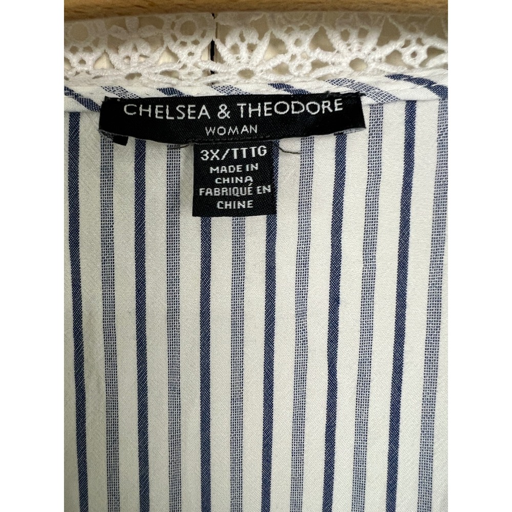 Chelsea & Theodore Blouse Women 3X Blue Striped Lace Trim Boho Peplum Top F10 - Picture 3 of 12